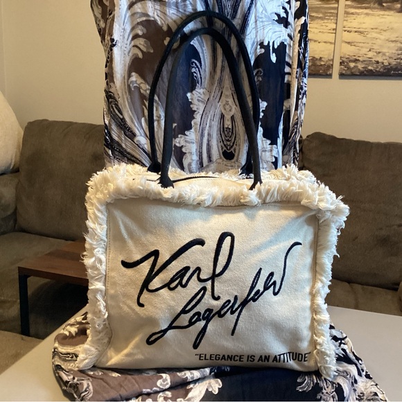 Karl Lagerfeld Handbags - Karl Lagerfeld Cream and Black Tote Bag “ ELEGANCE IS AN ATTITUDE” NWOT